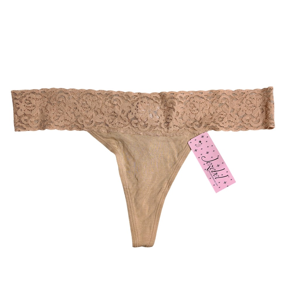 Jezebel‎ Nude/Beige Lace Waistband Thong L Womens Panties NWT